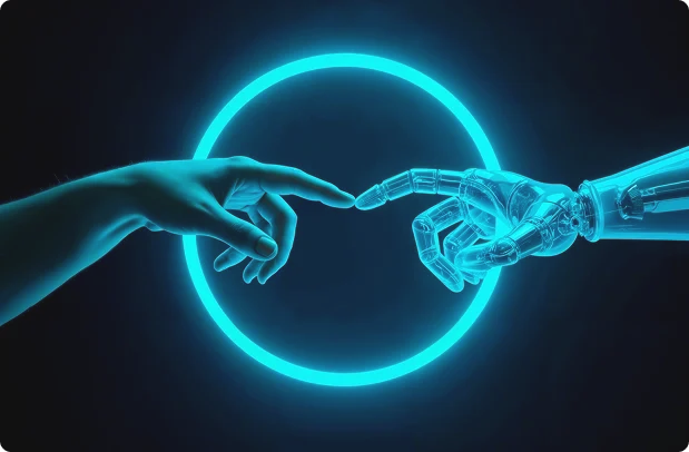 - Think AI - Think AI Human and robot hands touching in a blue circle.