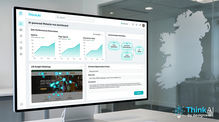 Desktop monitor showing an AI-powered website dashboard with charts, a workflow diagram, and a UX heatmap; ThinkAI branding in the corner.
