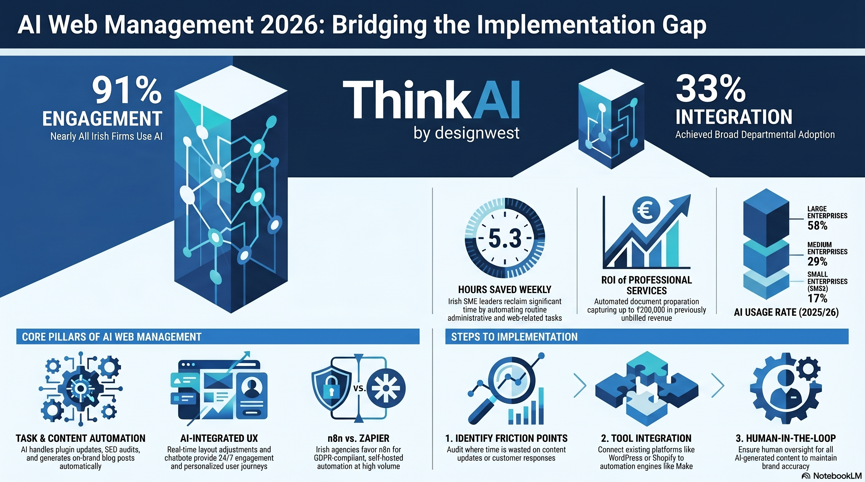 Infographic header 'AI Web Management 2026: Bridging the Implementation Gap' with ThinkAI by designwest, 91% engagement, 33% integration, and AI visuals across panels.