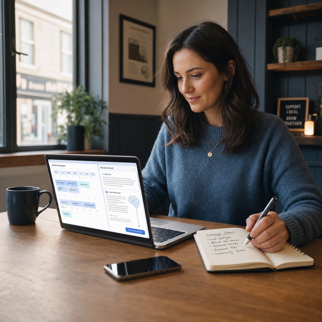 Irish marketing manager using generative AI to plan local business content