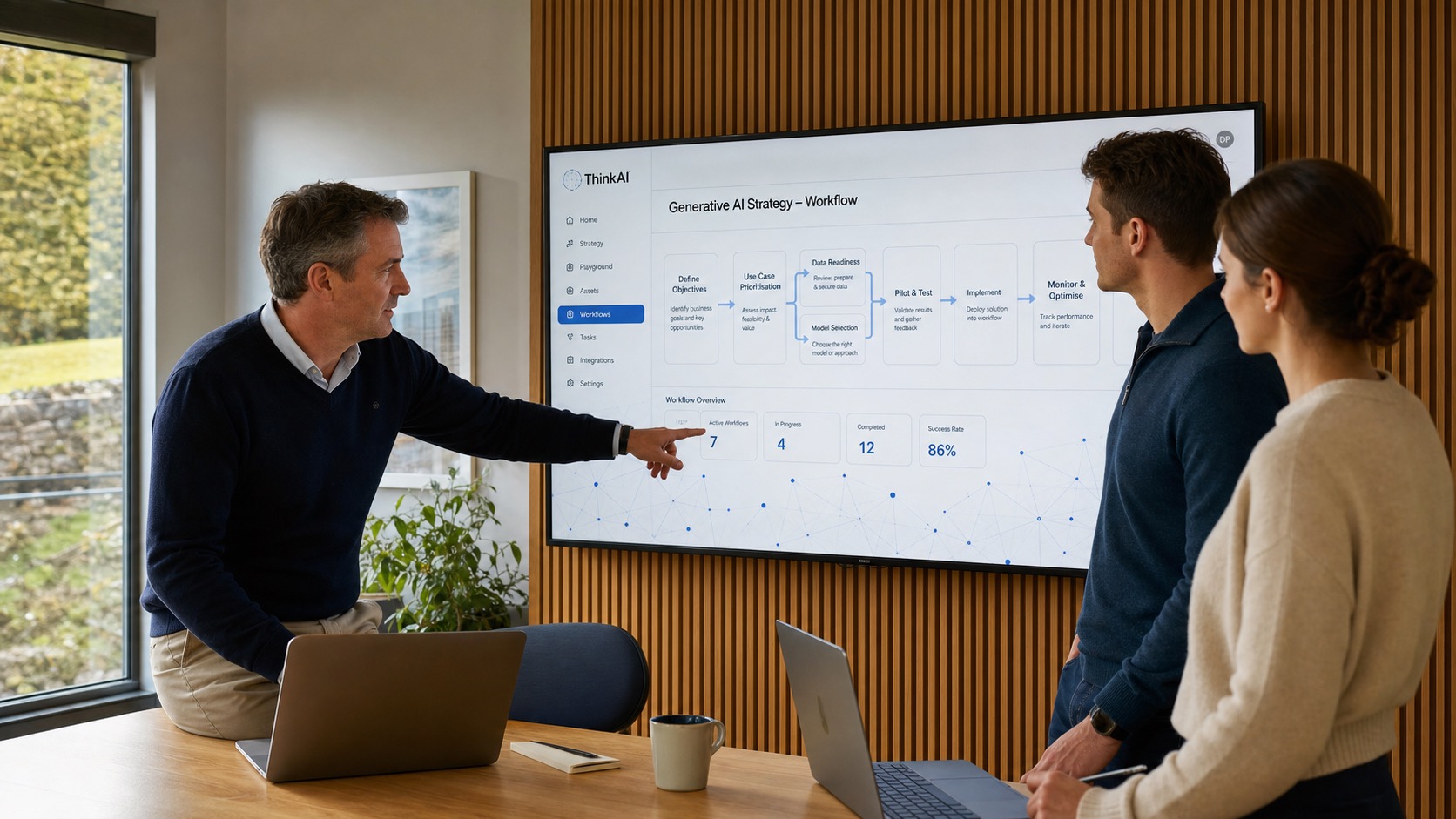 Irish SME team reviewing generative AI strategy on a ThinkAI dashboard