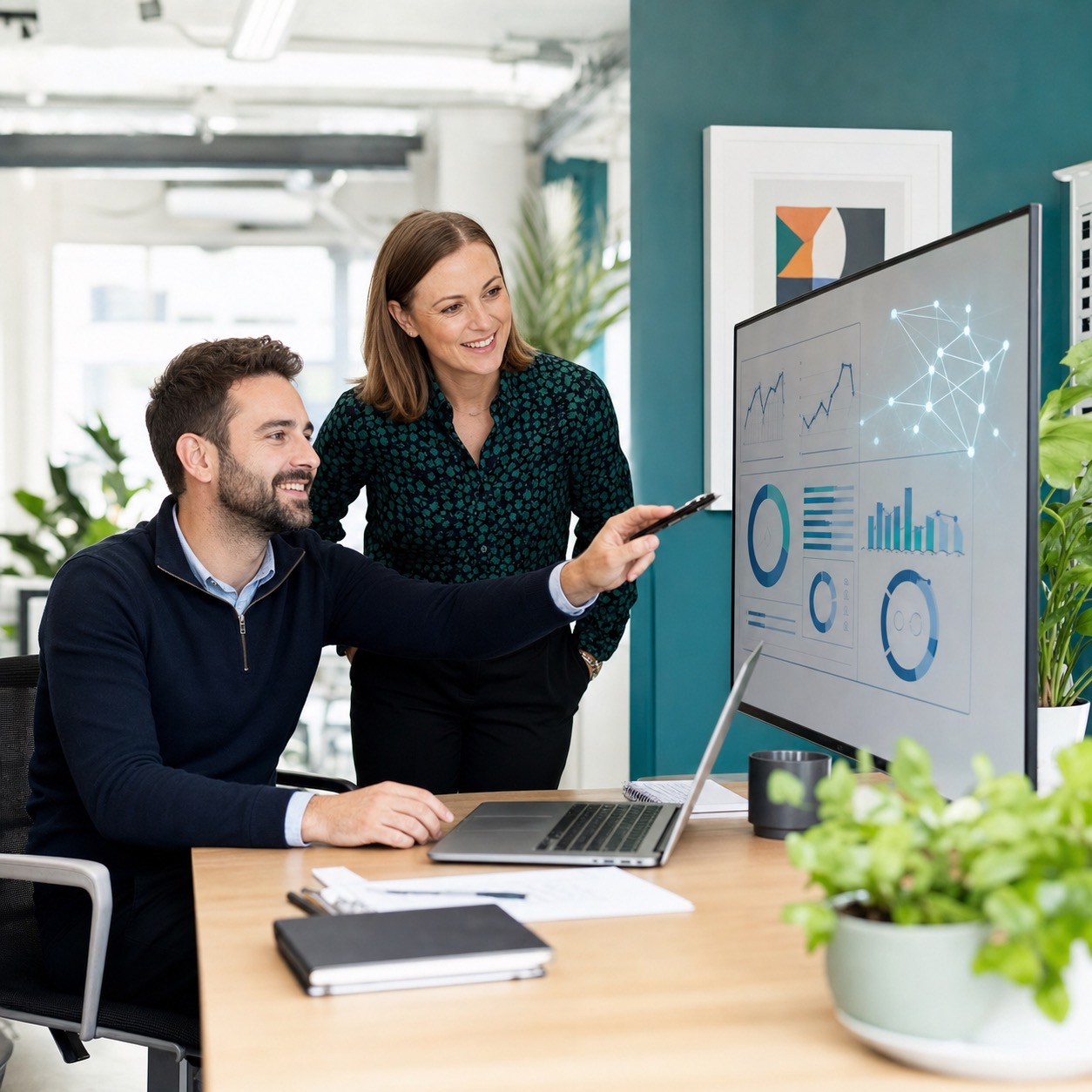 Finance manager and accountant reviewing an AI-assisted cash-flow forecast