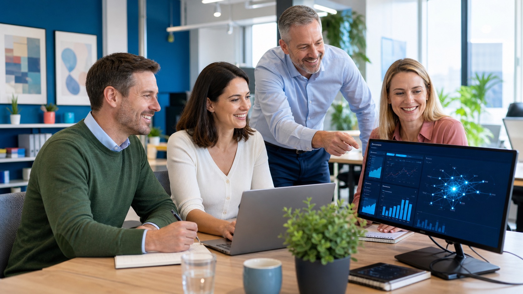 Irish accountants reviewing an AI-assisted finance dashboard in a bright modern office