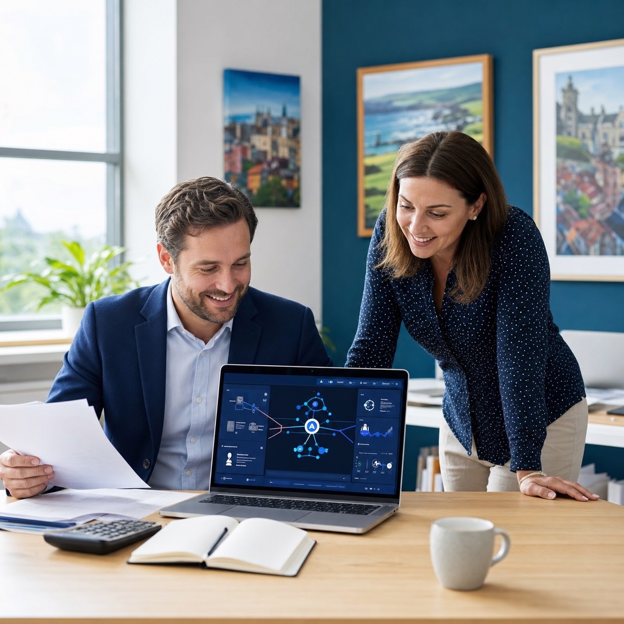 Accountant reviewing invoices with a secure AI assistant and human oversight