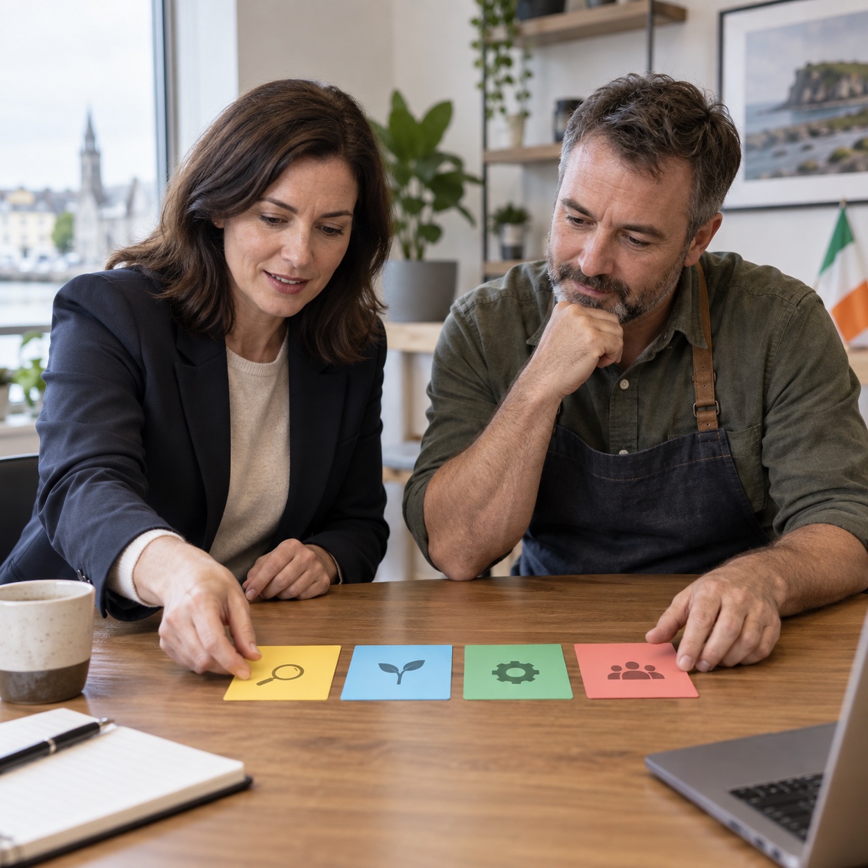 Small business owner and adviser reviewing the four stages of an AI budget