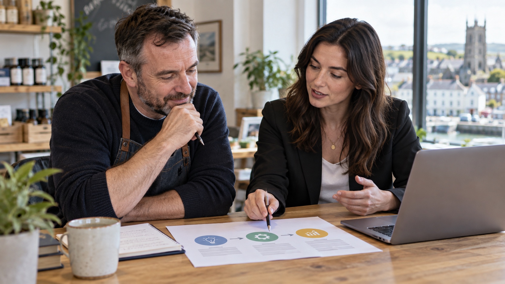 Small Irish business owner reviewing an AI budget and staged implementation roadmap