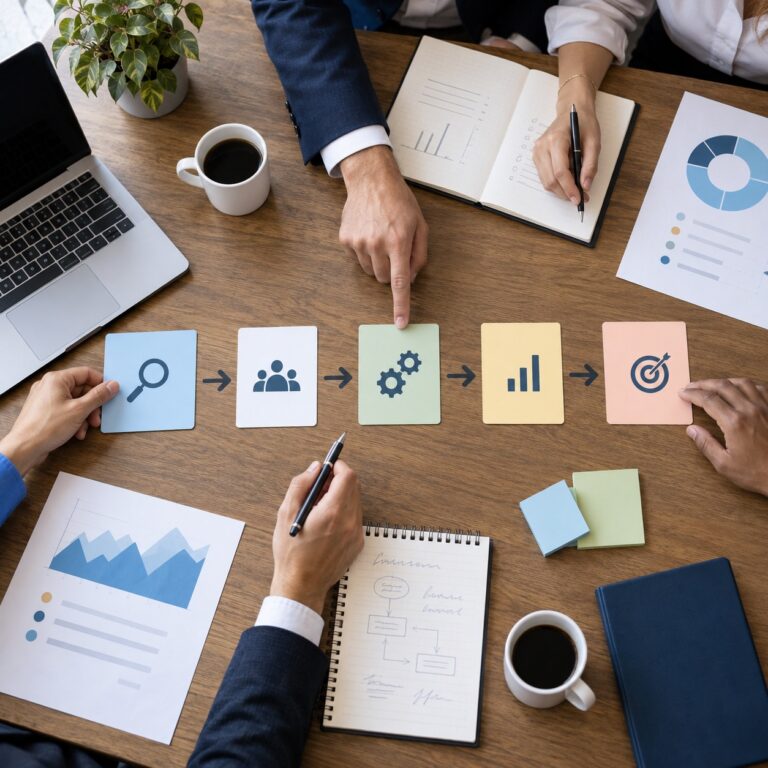 Phased AI implementation roadmap reviewed during a business strategy session