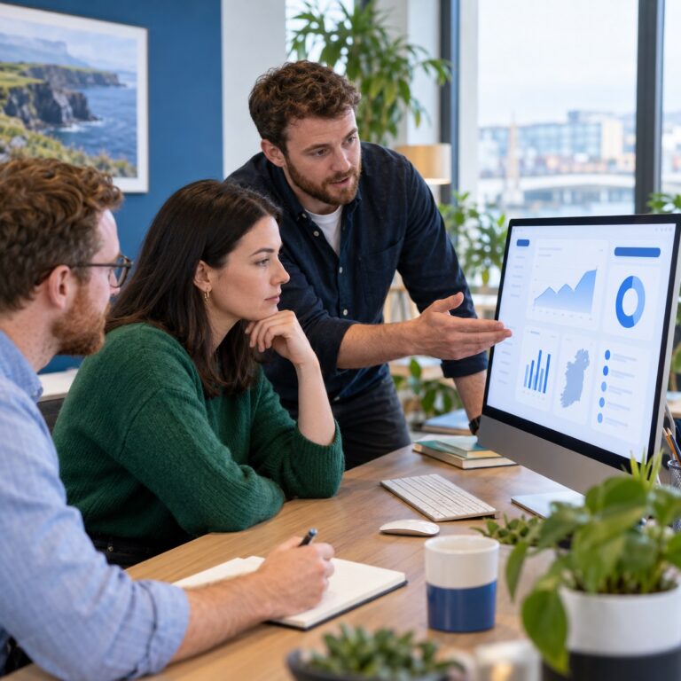 Small business team reviewing an AI pilot dashboard with human oversight