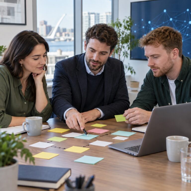 AI consultant mapping a small business workflow with staff