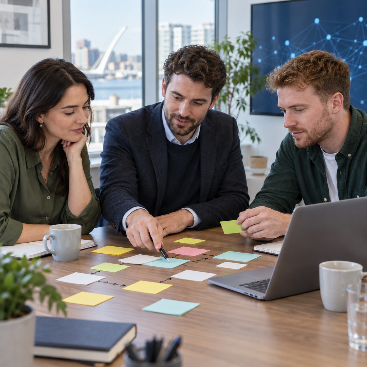 AI consultant mapping a small business workflow with staff